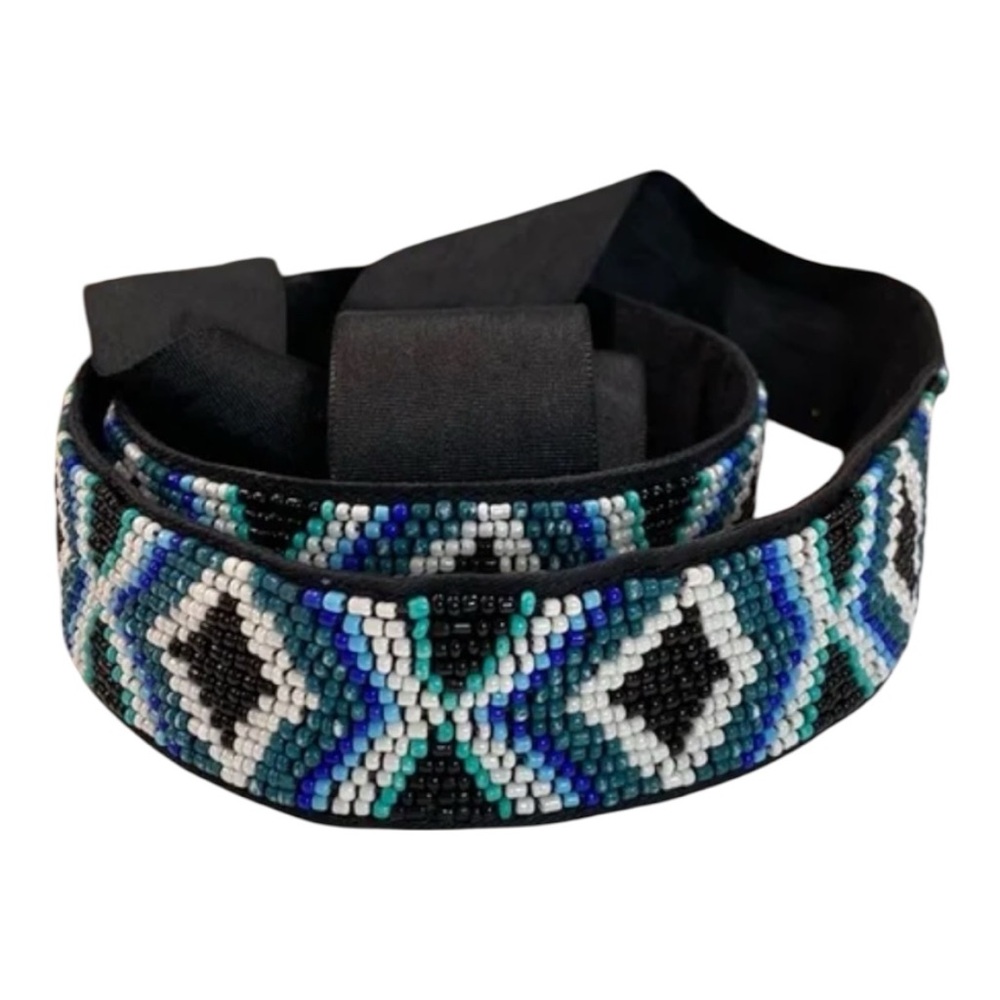 WHBM - Tribal/Chevron-White/Black/Blue Solid Seed-Beadwork Belt EUC